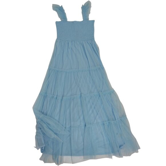 Trixxi Blue Maxi Dress, Ruffled Straps, Smocked Bodice, Size L, Polyester Mesh. - Picture 4 of 7